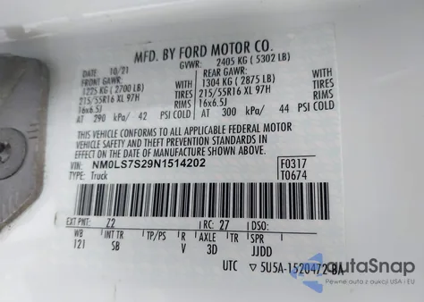 2022 Ford Transit Connect Xl z USA, uszkodzony, nr VIN NM0LS7S29N1514202